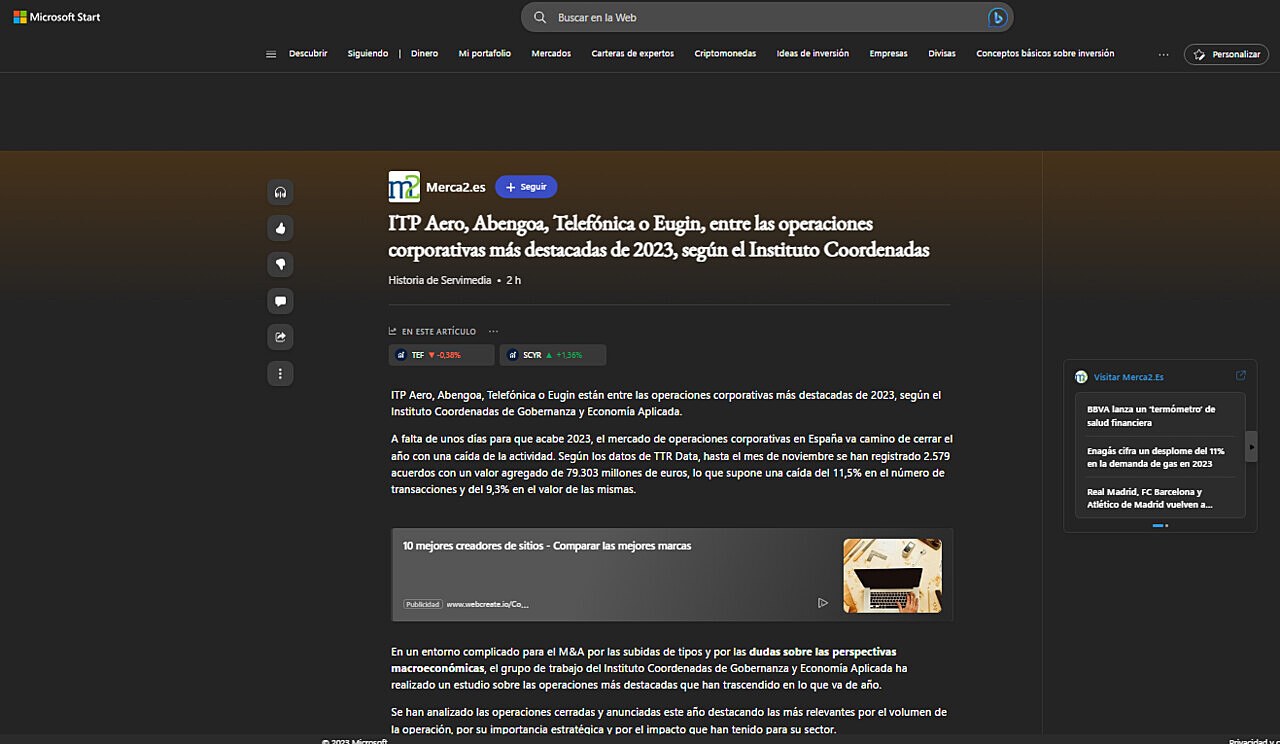 ITP Aero, Abengoa, Telefnica o Eugin, entre las operaciones corporativas ms destacadas de 2023, segn el Instituto Coordenadas